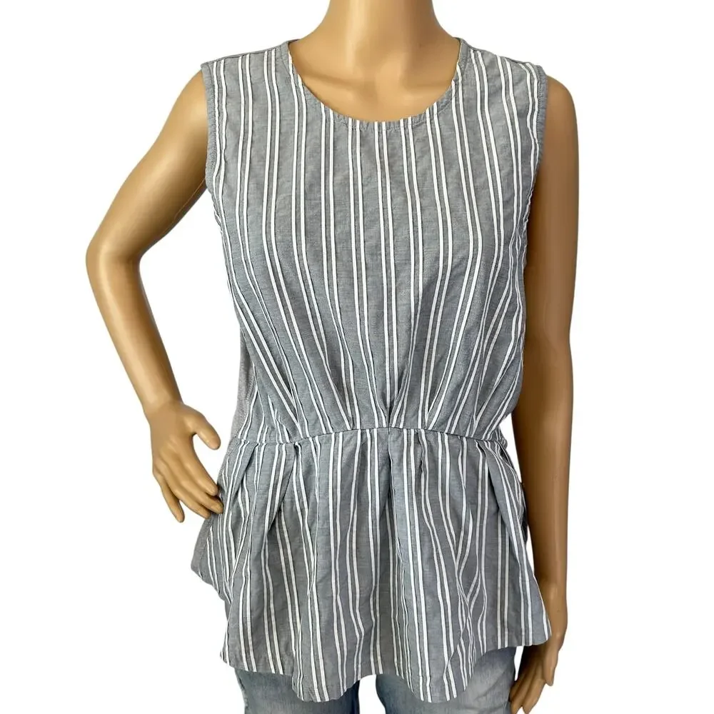 2/$30 J. Crew Chambray Cinched Striped Cotton Tank Top Blue Gray C1930 Size M